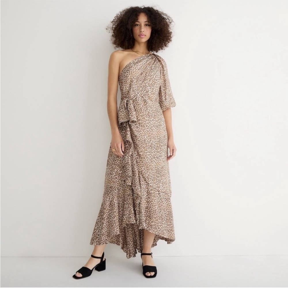 J. Crew Collection One Shoulder Leopard Print Dress Ruffle Hem Dress NWT‎ US 14